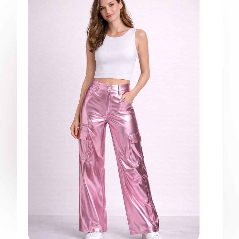 NO BOUNDARIES Pink Metallic High Rise Wide Leg Cargo Pants XXS NWT